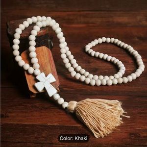 Boho Tassel Cross Pendant Boho Handmade Wooden Beads‎ Long Sweater Necklace